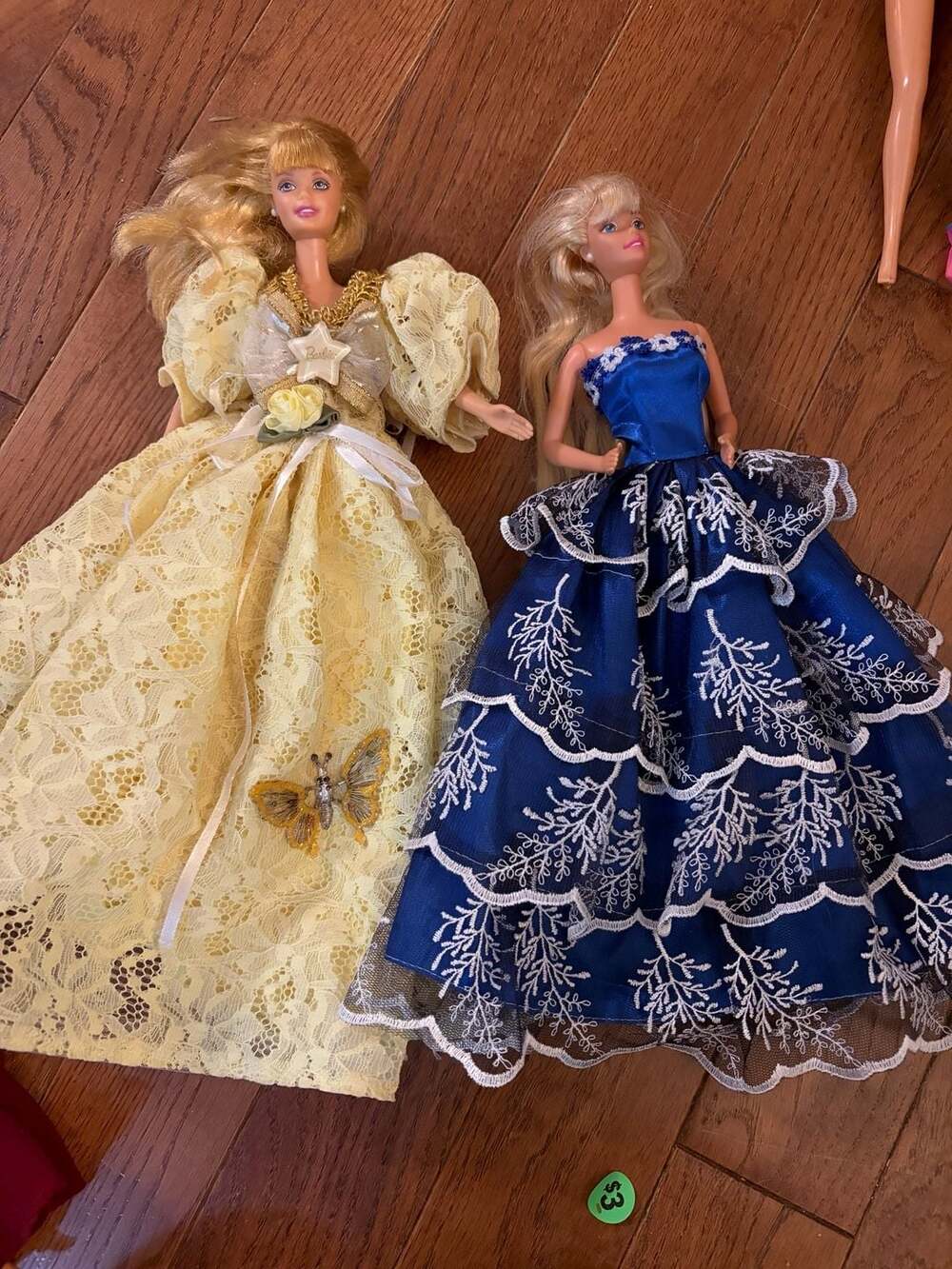 Vintage Barbie Doll With Yellow Lace Gown And Mickey Mouse Button